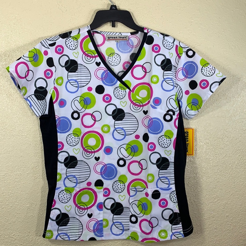 Green Town Nurse Scrub Top Blouse Black White M Pullover Short Sleeves Pockets